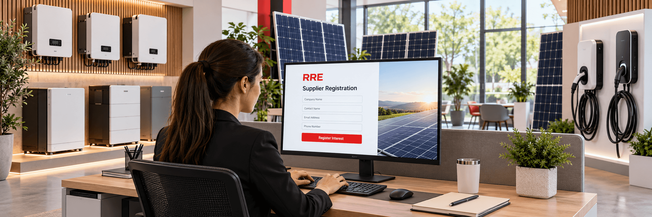 Supplier registration in a renewable energy showroom with solar panels, batteries and EV chargers